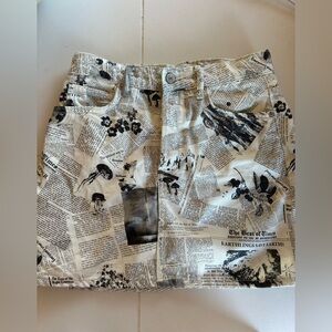 Reformation Black and White Newspaper Print Denim Skirt